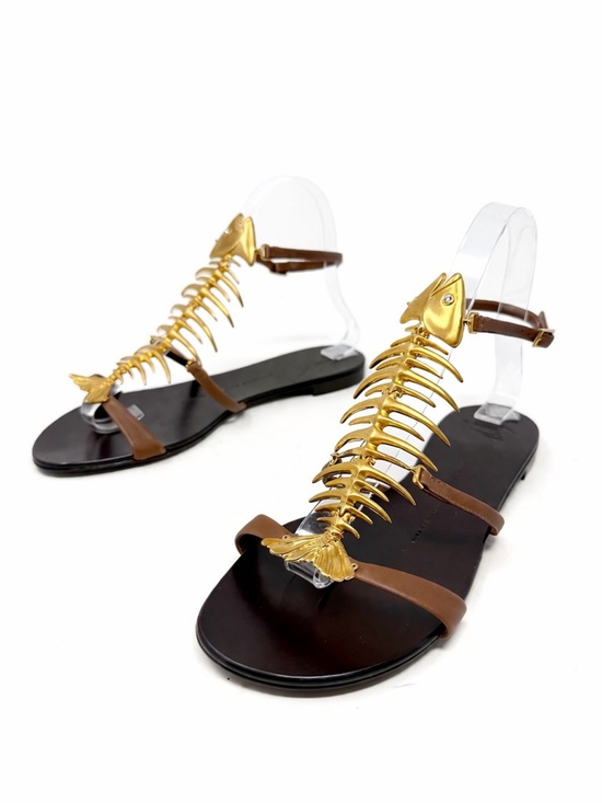 Giuseppe Zanotti Shoes - Giuseppe Zanotti Fishbone Flat Sandals Gold Skeleton Womens Size EU 37.5